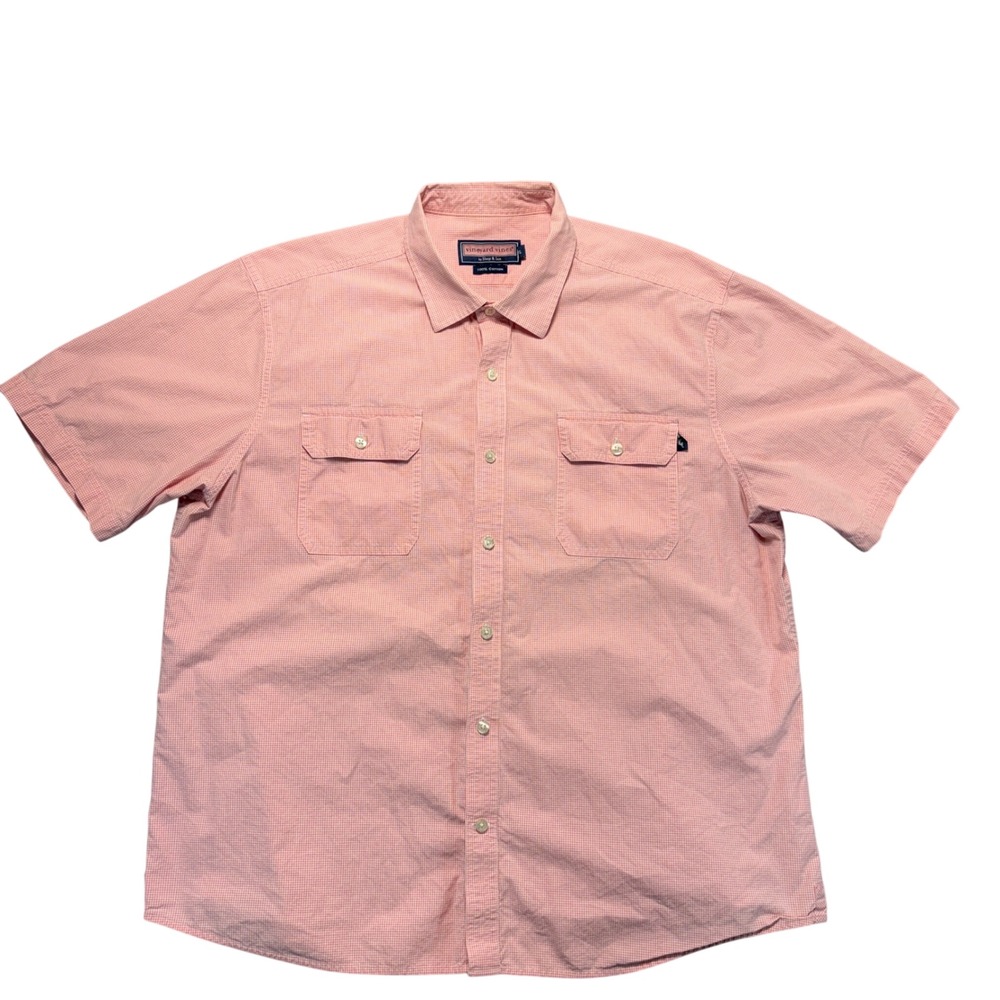 Vineyard Vines Mens XL Short Sleeve Button Down Shirt Pink Gingham Cotton Pocket
